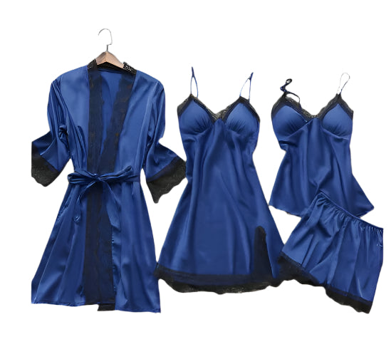 Women's 4-Piece Sleepwear Pajama Set with Faux Silk Lace