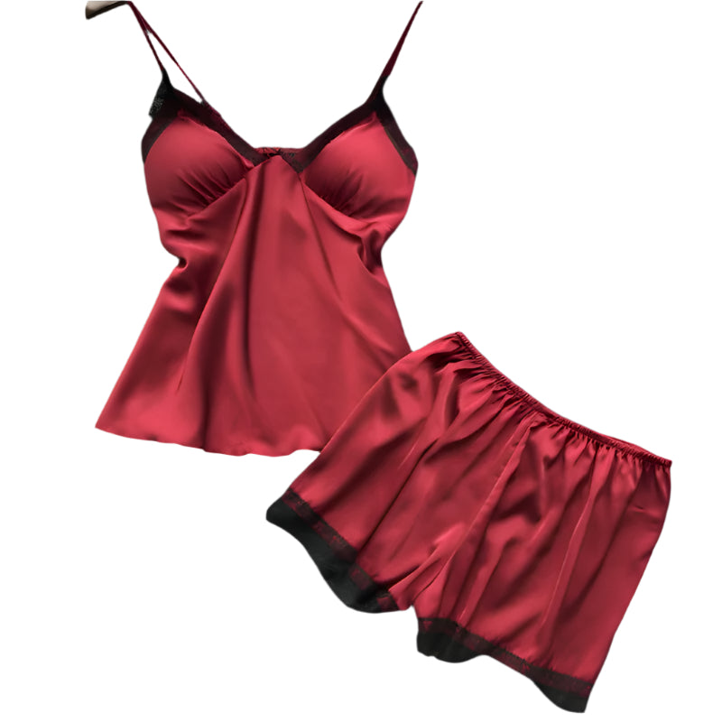 Women's 4-Piece Sleepwear Pajama Set with Faux Silk Lace