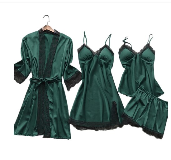 Women's 4-Piece Sleepwear Pajama Set with Faux Silk Lace