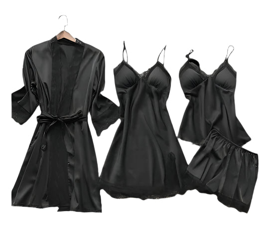 Women's 4-Piece Sleepwear Pajama Set with Faux Silk Lace
