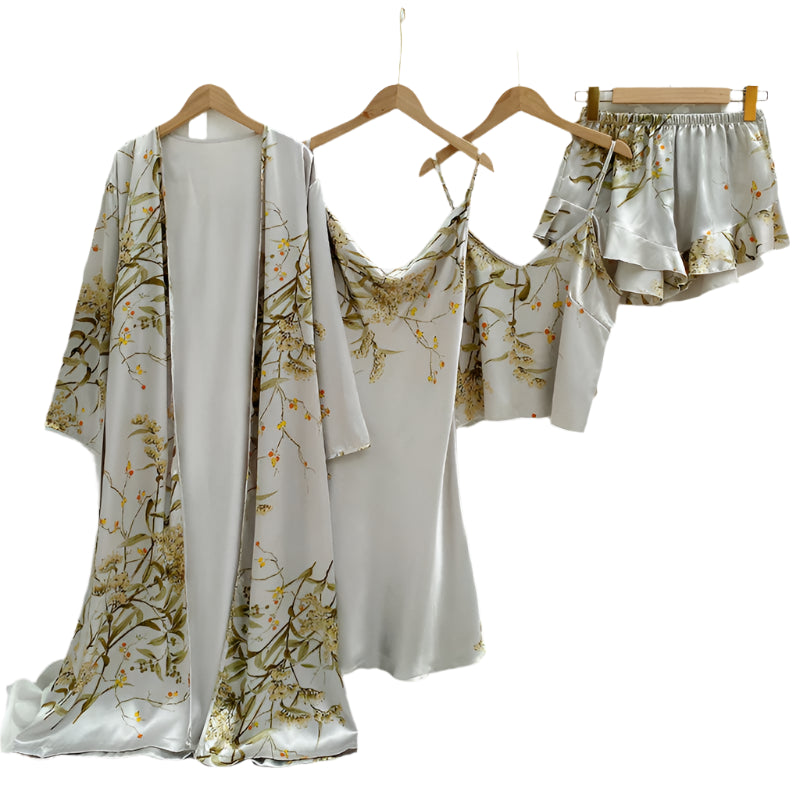 Women's 4-Piece Sleepwear Pajama Set with Faux Silk Lace