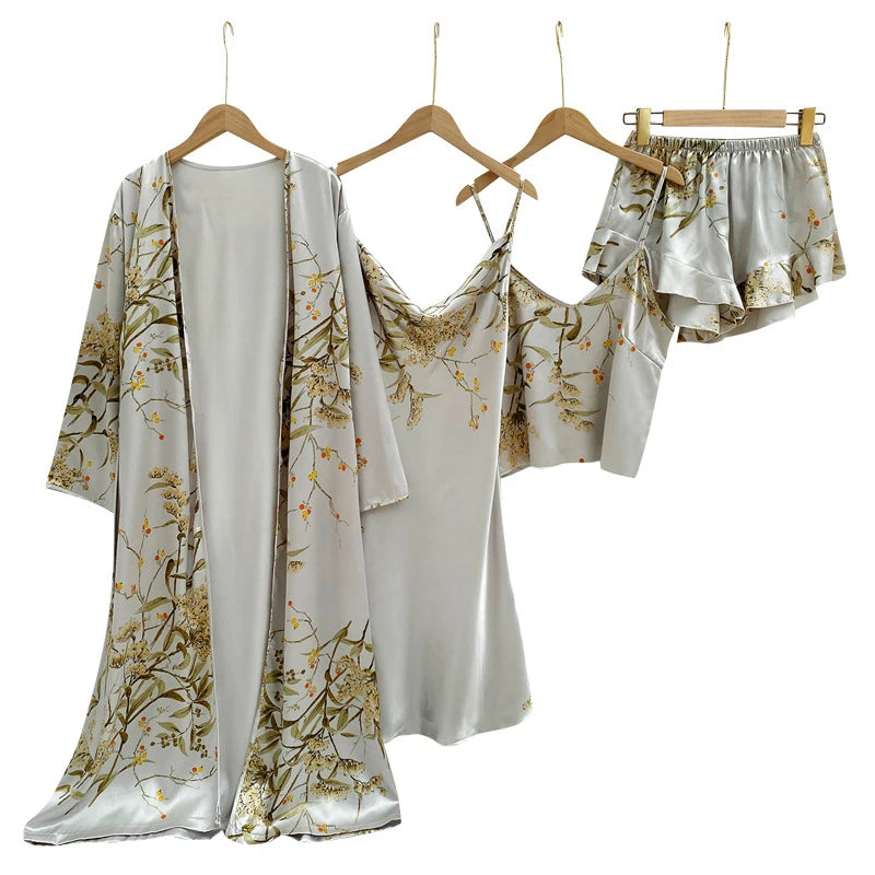 Women's 4-Piece Sleepwear Pajama Set with Faux Silk Lace