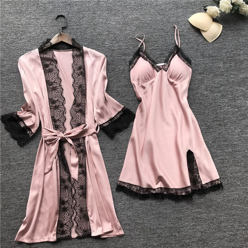 Women's 4-Piece Sleepwear Pajama Set with Faux Silk Lace