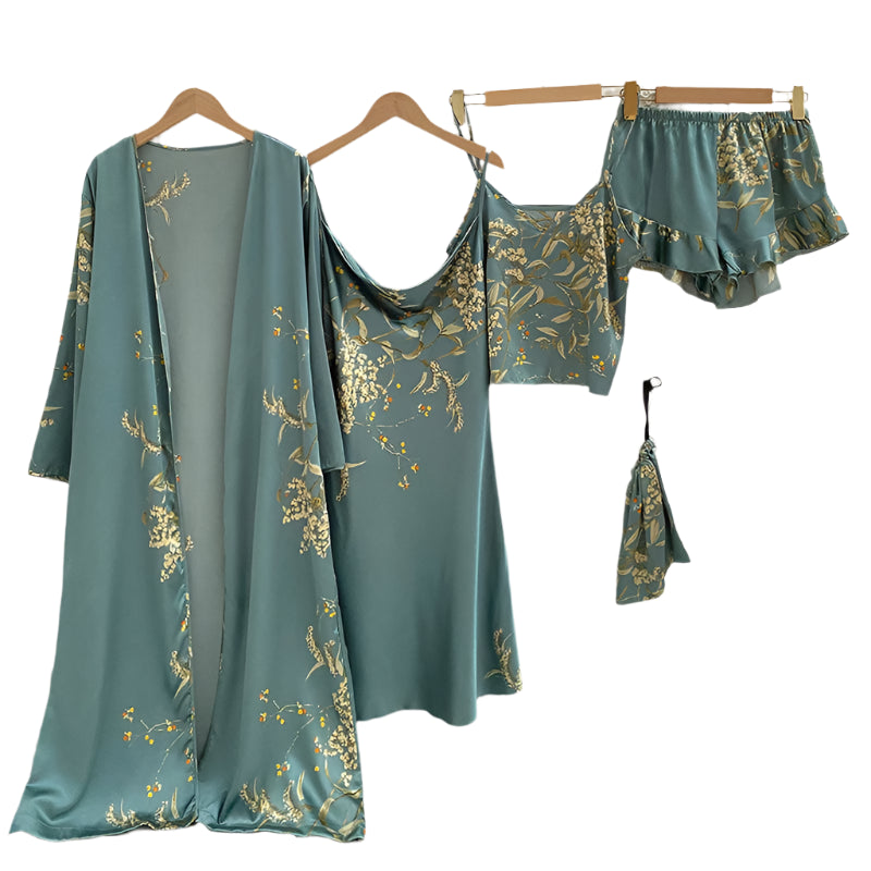 Women's 4-Piece Sleepwear Pajama Set with Faux Silk Lace