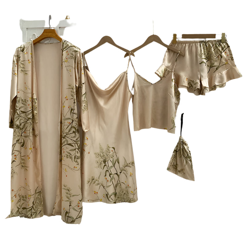 Women's 4-Piece Sleepwear Pajama Set with Faux Silk Lace