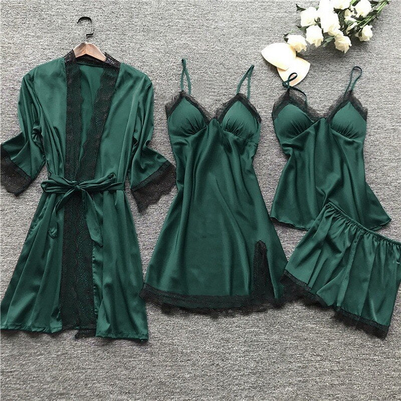 Women's 4-Piece Sleepwear Pajama Set with Faux Silk Lace