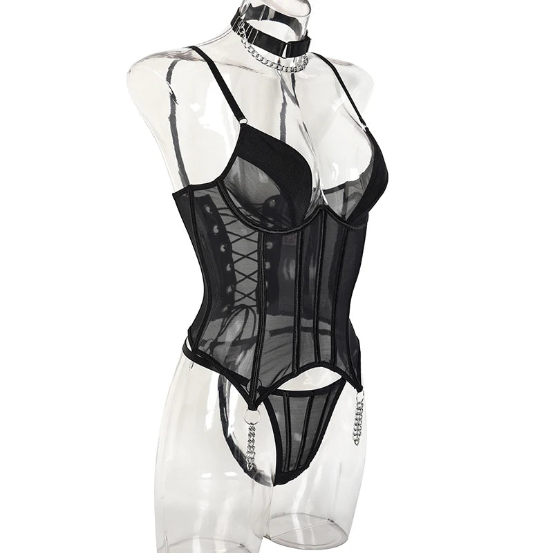Lace Lingerie Set Backless Corset and Push Up Bra (3 Pieces)