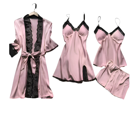 Women's 4-Piece Sleepwear Pajama Set with Faux Silk Lace
