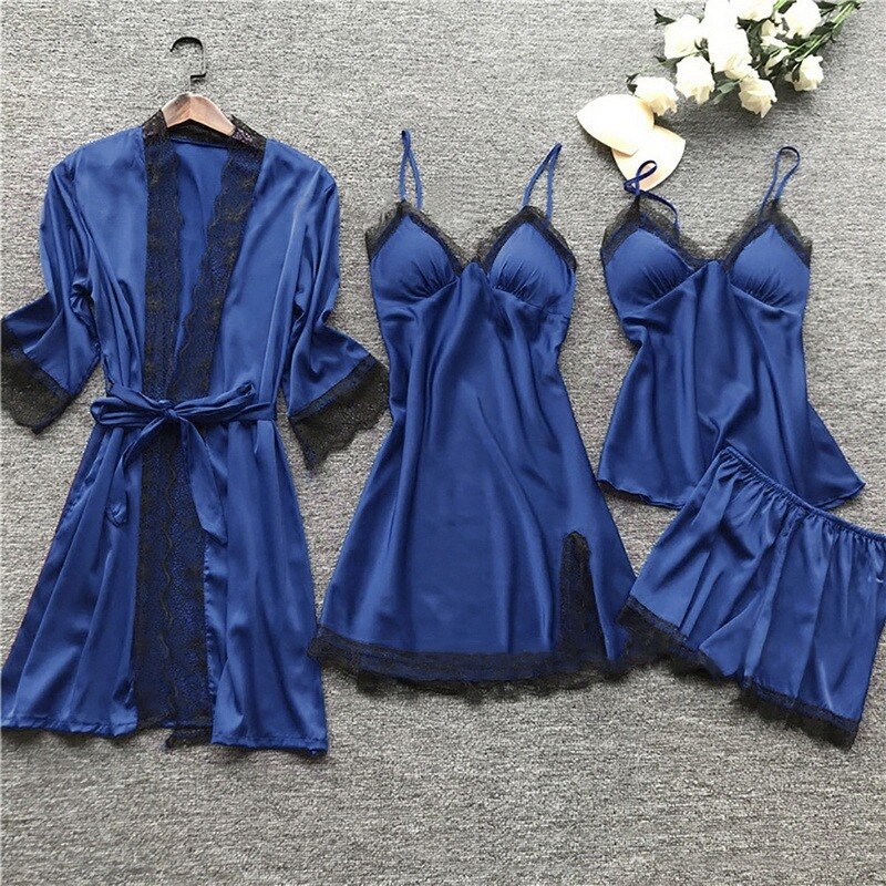 Women's 4-Piece Sleepwear Pajama Set with Faux Silk Lace