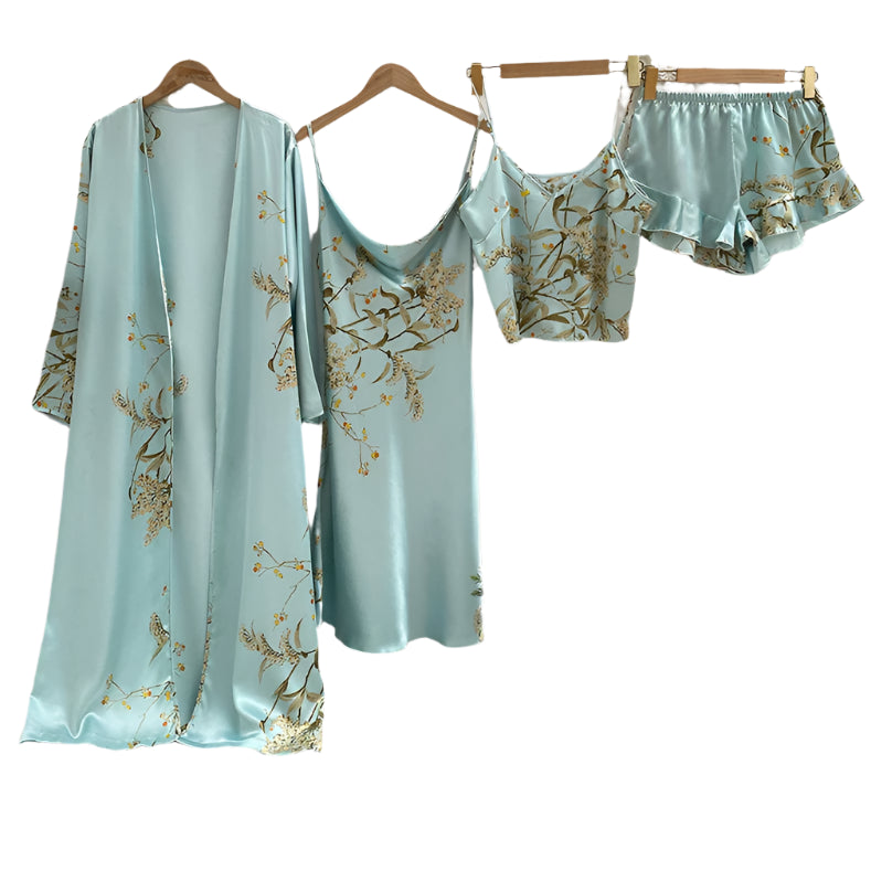 Women's 4-Piece Sleepwear Pajama Set with Faux Silk Lace