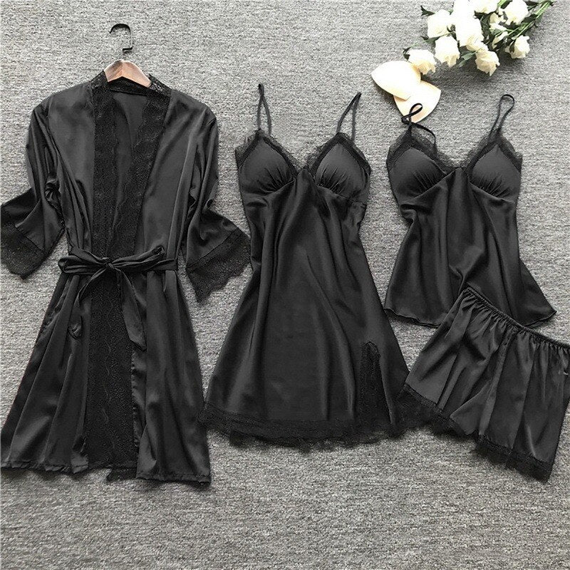 Women's 4-Piece Sleepwear Pajama Set with Faux Silk Lace