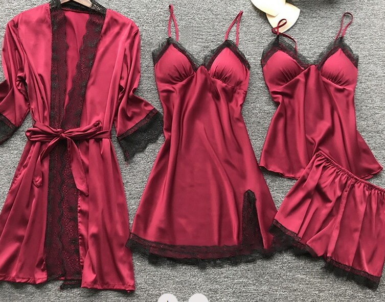Women's 4-Piece Sleepwear Pajama Set with Faux Silk Lace