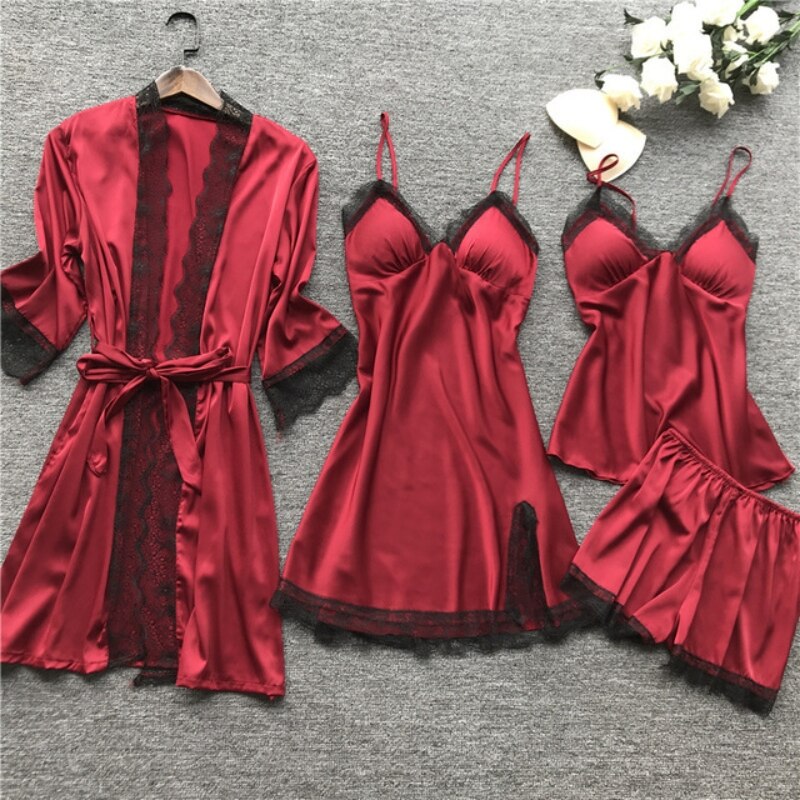 Women's 4-Piece Sleepwear Pajama Set with Faux Silk Lace