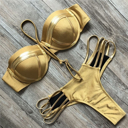 Conjunto Traje de Baño de Bikini Acolchado y Push Up con Tanga de Cuerda