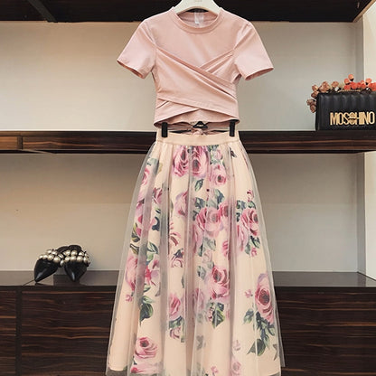 Encantador Conjunto de Dos Piezas: Blusa de Manga Corta con Lazos y Falda Floral de Cintura Alta en Elegante Chifón