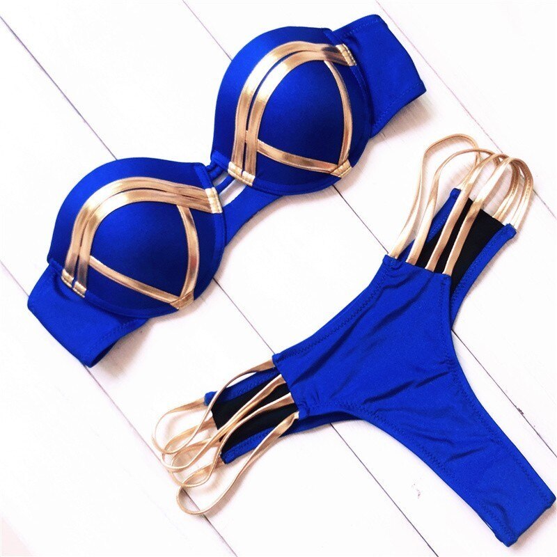 Conjunto Traje de Baño de Bikini Acolchado y Push Up con Tanga de Cuerda