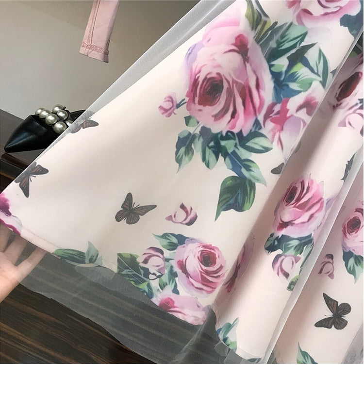 Encantador Conjunto de Dos Piezas: Blusa de Manga Corta con Lazos y Falda Floral de Cintura Alta en Elegante Chifón