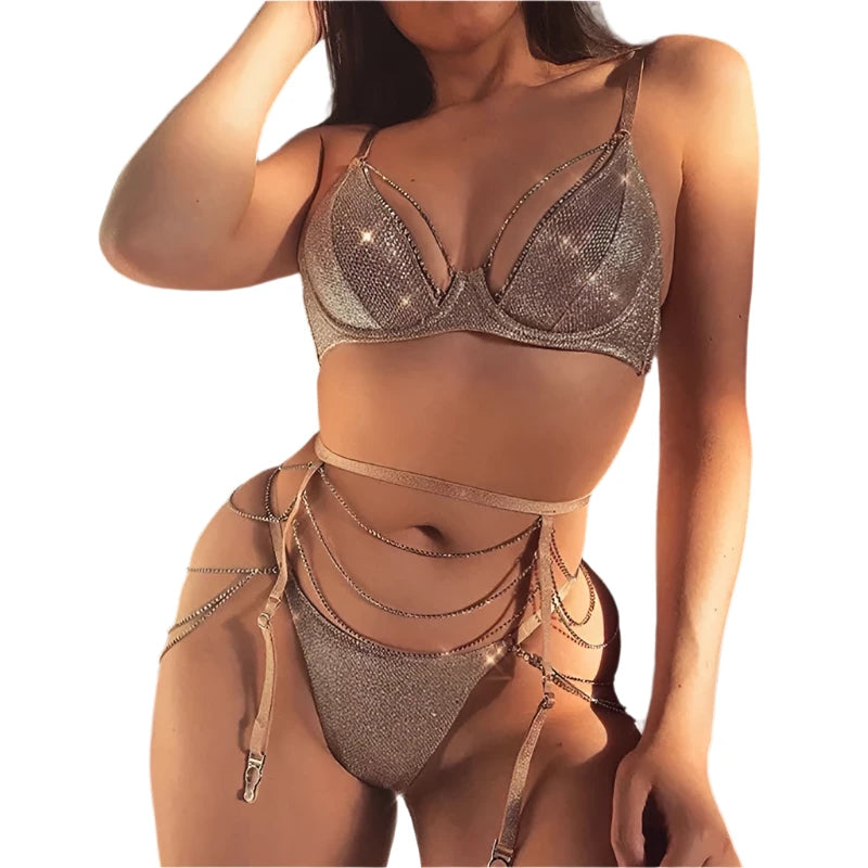 Conjunto de Lencería con Sujetador Push Up con Cadena y Panties con Cristales Brillante