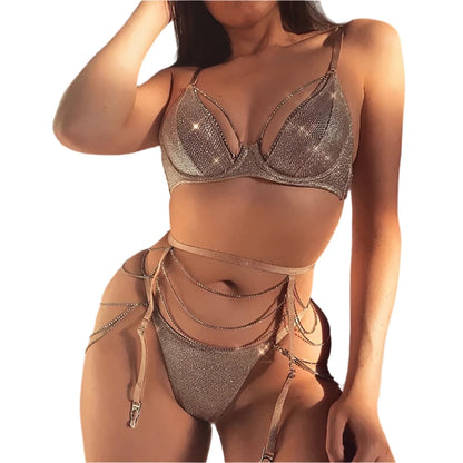 Conjunto de Lencería con Sujetador Push Up con Cadena y Panties con Cristales Brillante