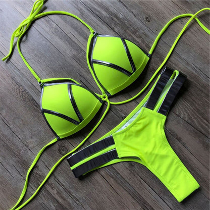 Conjunto Traje de Baño de Bikini Acolchado y Push Up con Tanga de Cuerda