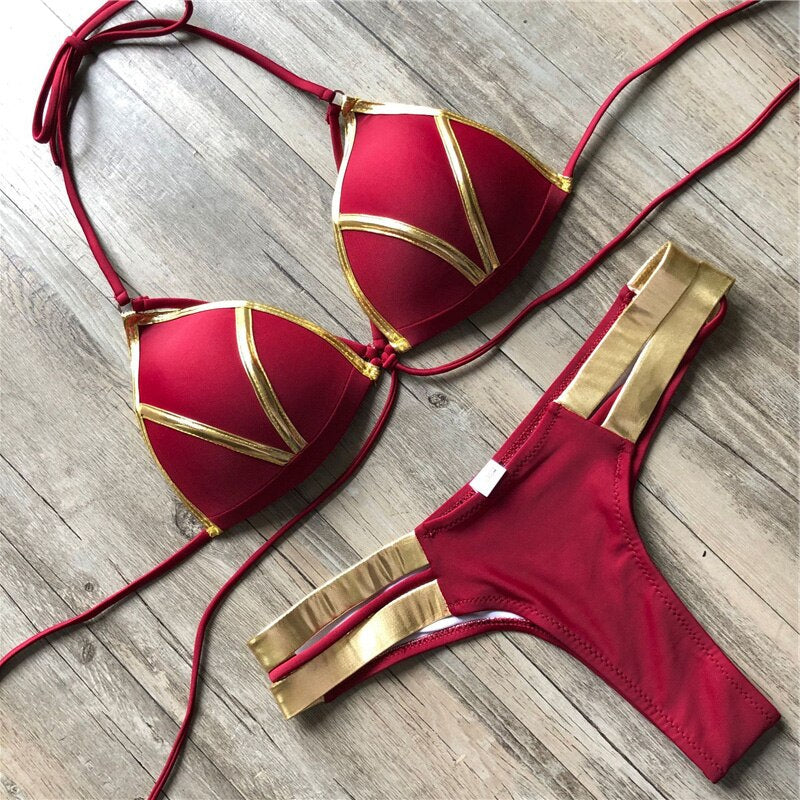 Conjunto Traje de Baño de Bikini Acolchado y Push Up con Tanga de Cuerda