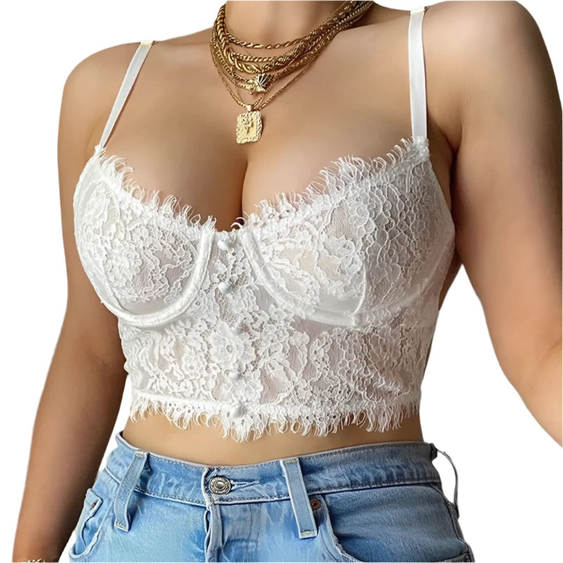 Top de Lencería Sujetador de Encaje Transparente con Push Up para Mujer