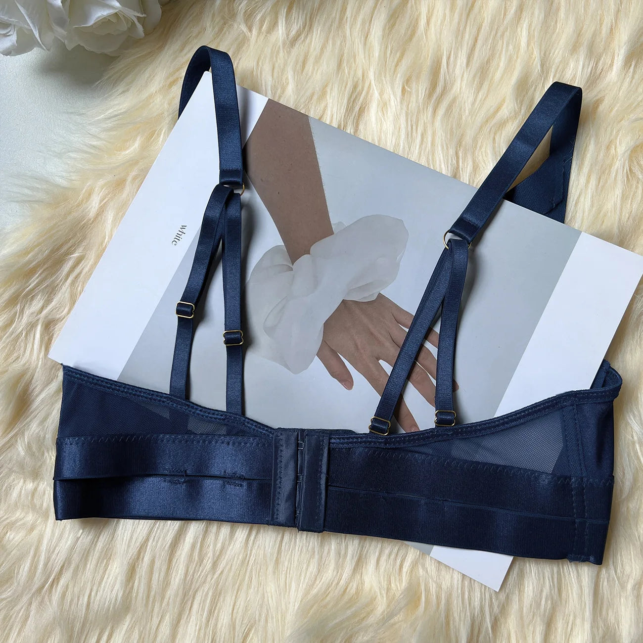 Navy Blue Sheer Lingerie Set with Panties and Push Up Bra