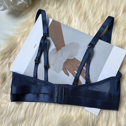 Navy Blue Sheer Lingerie Set with Panties and Push Up Bra