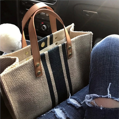 Women's Striped Canvas Handbag, Large Capacity Tote, Casual and Multifunctional, Shoulder Bag and Handles