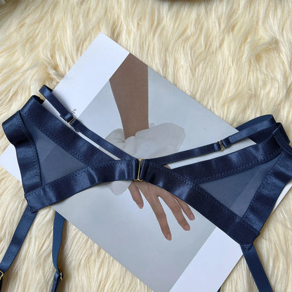 Navy Blue Sheer Lingerie Set with Panties and Push Up Bra