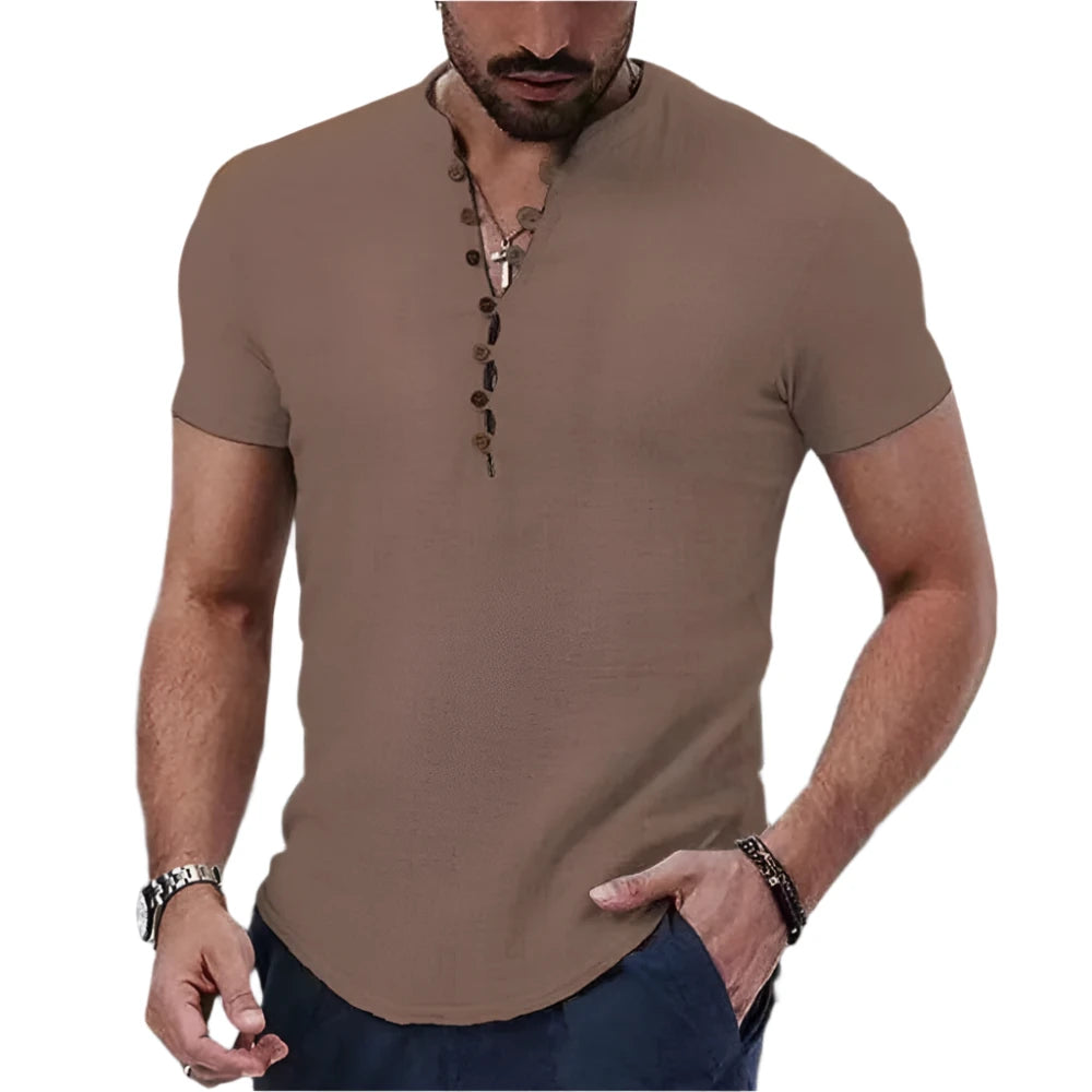 Camisa de Hombre de Manga Corta Algodón y Lino Cuello en V con Botones Casual