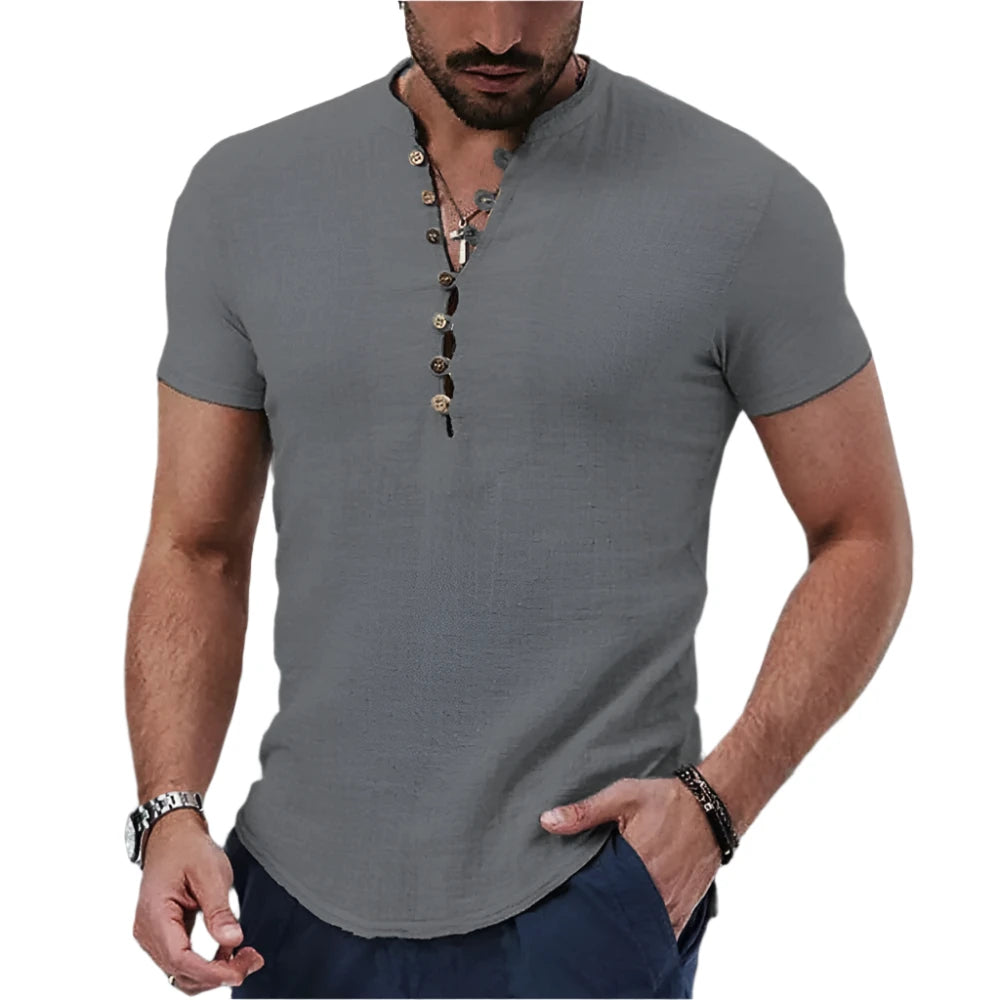 Camisa de Hombre de Manga Corta Algodón y Lino Cuello en V con Botones Casual