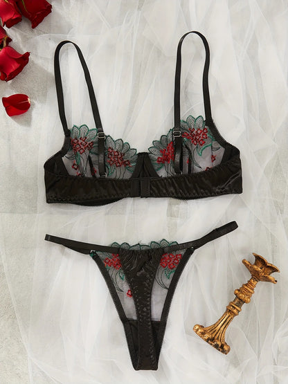 Conjunto de Lencería Elegante con Sujetador de Encaje Floral, Sexy y Exótico