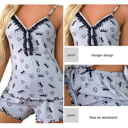 Women's Summer Pajama Set, 2 Piece V-Neck Top and Sleeveless Shorts Pajamas