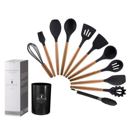 Set de Utensilios de Cocina de Silicona con Mango de Madera y Cubo de Almacenamiento