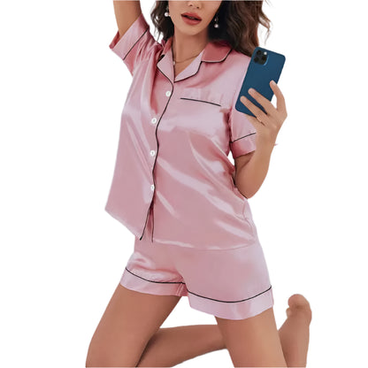 Conjunto de Pijamas para Mujer, Pijama de Satén con Botones y Shorts, 2 Piezas, Ropa de Noche y Loungewear