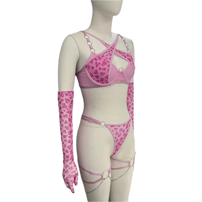 Conjunto de Lencería con Sujetador Push Up de Leopardo, Transparente con Encaje, Incluye Guantes y Medias