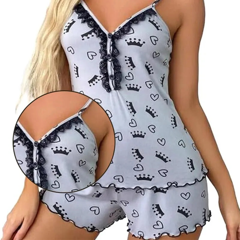 Women's Summer Pajama Set, 2 Piece V-Neck Top and Sleeveless Shorts Pajamas