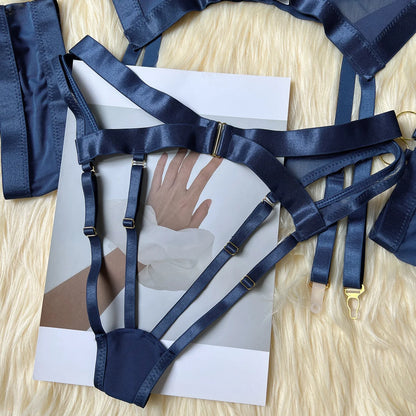 Navy Blue Sheer Lingerie Set with Panties and Push Up Bra