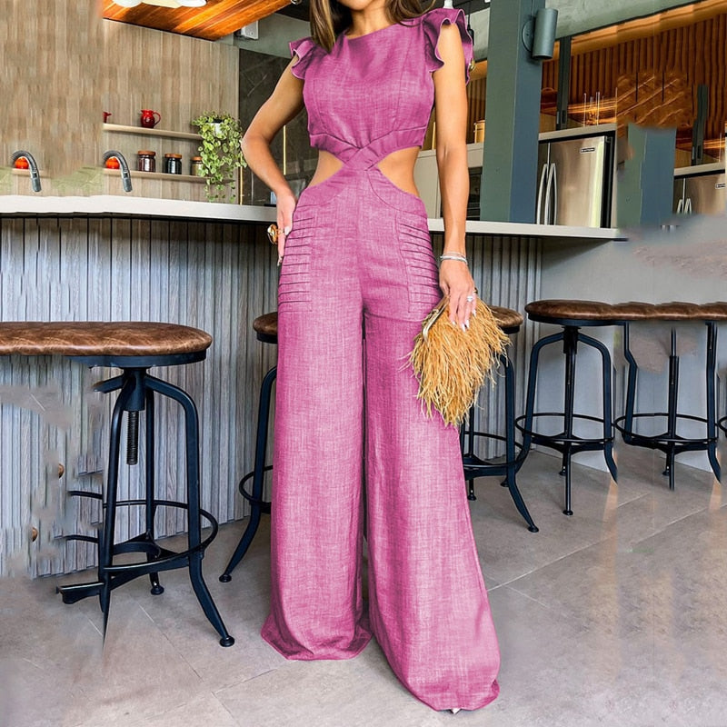 Enterizo de Mujer Elegante Jumpsuit de Piernas Anchas con Cuello Redondo y Cintura Abierta