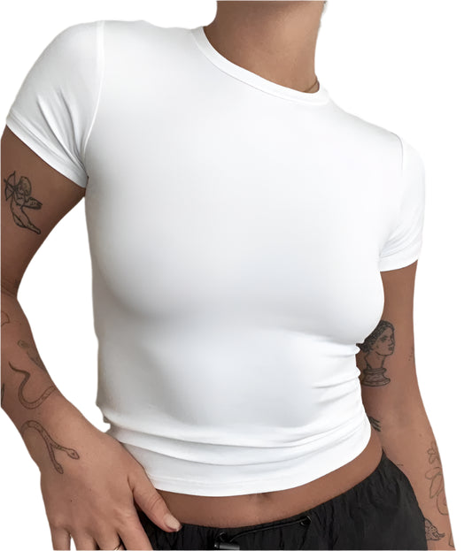 Camiseta de manga corta ajustada para mujer, estilo cuello redondo