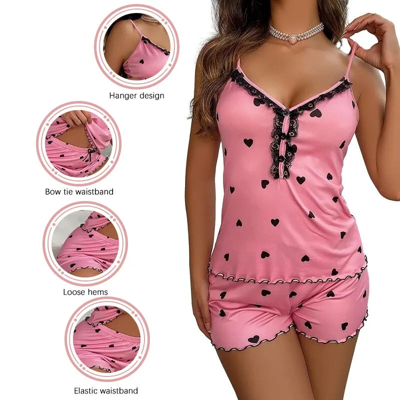 Women's Summer Pajama Set, 2 Piece V-Neck Top and Sleeveless Shorts Pajamas