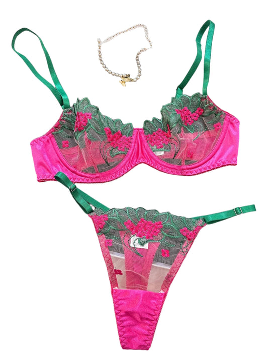 Conjunto de Lencería Elegante con Sujetador de Encaje Floral, Sexy y Exótico