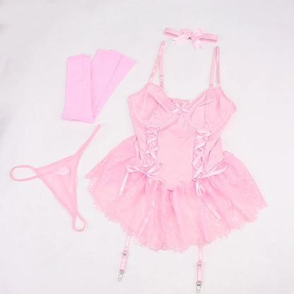 Conjunto de Lencería con Corsé Rosa con Medias y T-string 5 Piezas de Encaje