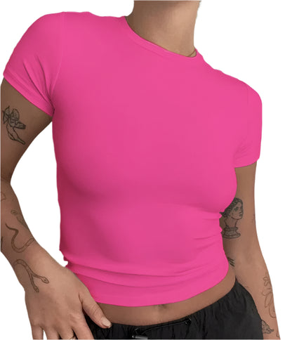 Camiseta de manga corta ajustada para mujer, estilo cuello redondo