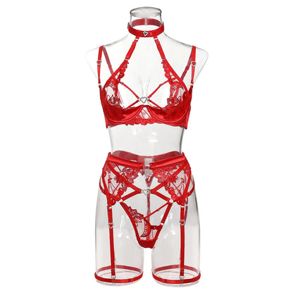 Conjunto de Lencería Elegante de 4 Piezas con Sujetador Halter, T-string y Encaje