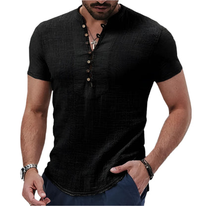 Camisa de Hombre de Manga Corta Algodón y Lino Cuello en V con Botones Casual