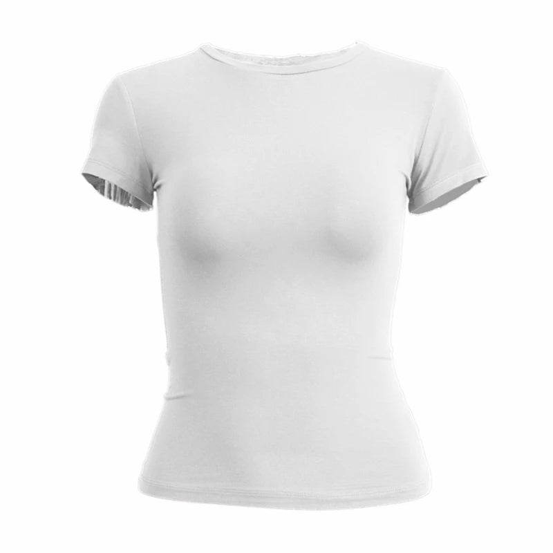 Camiseta de manga corta ajustada para mujer, estilo cuello redondo