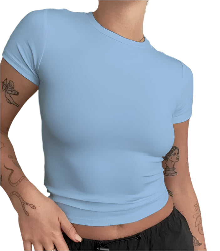 Camiseta de manga corta ajustada para mujer, estilo cuello redondo