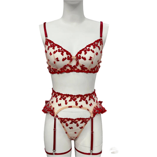 4 Piece Lace and Embroidery Lingerie Set with Ruffles